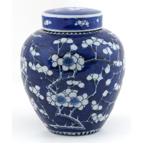 43 - Chinese porcelain blue and white ginger jar and cover hand painted in the prunus pattern, four figur... 