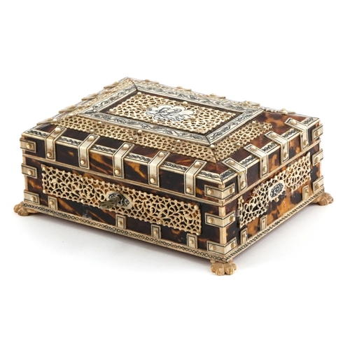 63 - 19th century tortoiseshell casket with carved bone overlay, 6.5cm H x 16cm W x 11.5cm D.