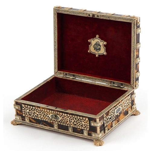 63 - 19th century tortoiseshell casket with carved bone overlay, 6.5cm H x 16cm W x 11.5cm D.