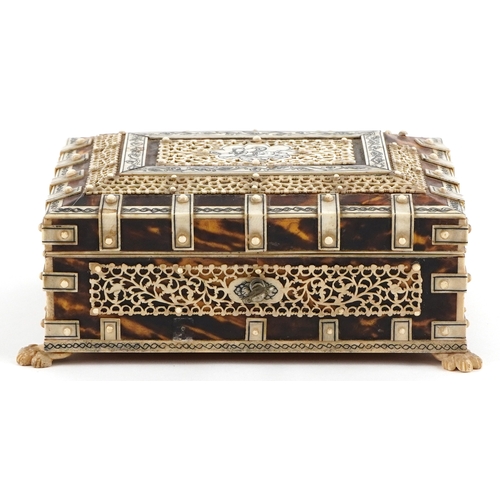 63 - 19th century tortoiseshell casket with carved bone overlay, 6.5cm H x 16cm W x 11.5cm D.