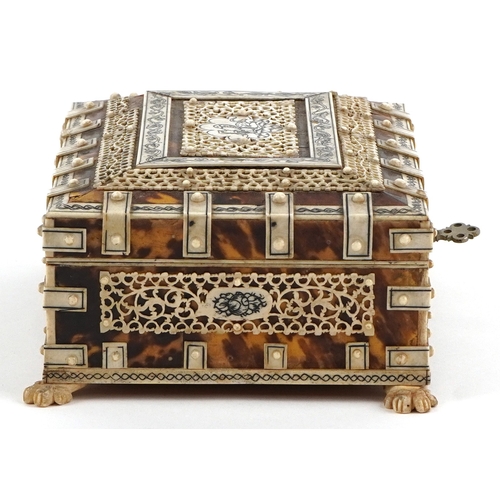 63 - 19th century tortoiseshell casket with carved bone overlay, 6.5cm H x 16cm W x 11.5cm D.