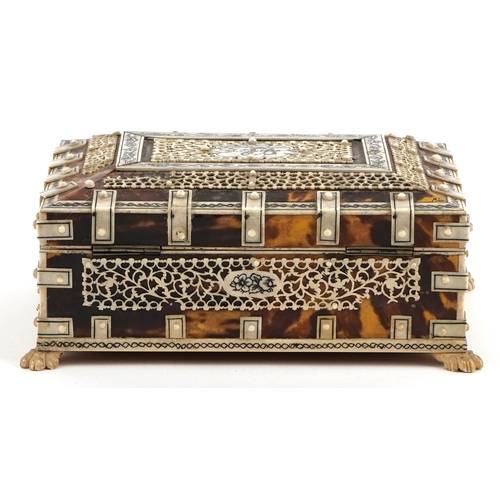 63 - 19th century tortoiseshell casket with carved bone overlay, 6.5cm H x 16cm W x 11.5cm D.