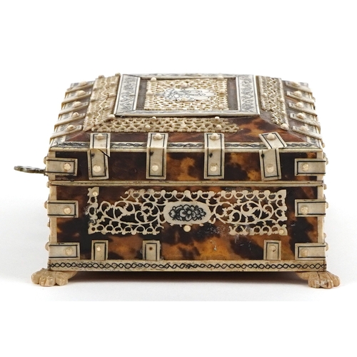 63 - 19th century tortoiseshell casket with carved bone overlay, 6.5cm H x 16cm W x 11.5cm D.