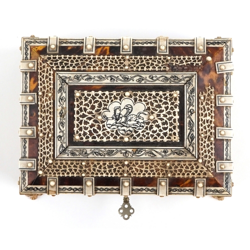 63 - 19th century tortoiseshell casket with carved bone overlay, 6.5cm H x 16cm W x 11.5cm D.