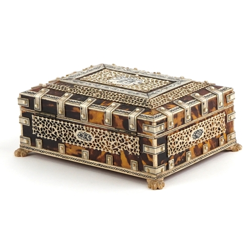 63 - 19th century tortoiseshell casket with carved bone overlay, 6.5cm H x 16cm W x 11.5cm D.