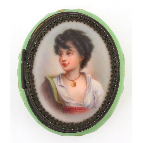 27 - 19th century Austrian trinket box, the hinged lid hand painted with a young female, shield mark to t... 