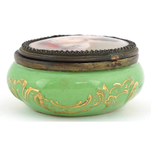 27 - 19th century Austrian trinket box, the hinged lid hand painted with a young female, shield mark to t... 