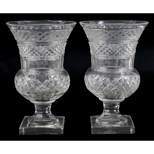 35 - Pair of Victorian cut crystal thistle vases, 20cm high.