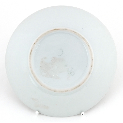 270 - Antique porcelain dish hand painted with a jockey on horseback, 14cm in diameter.