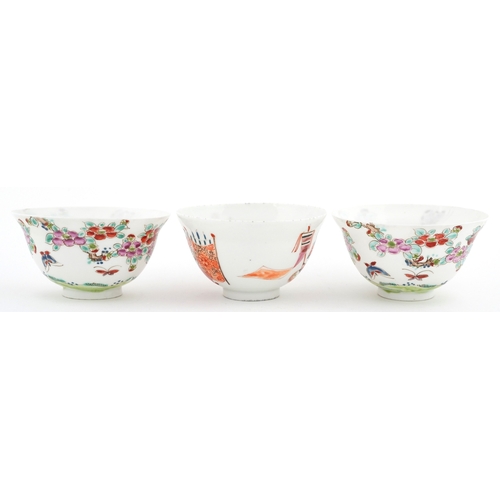 45 - Pair of Chinese porcelain rice bowls hand painted in the famille rose palette with insects amongst f... 