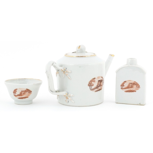 47 - Chinese export porcelain teapot, tea bowl and tea caddy, each hand painted with castles, the teapot ... 