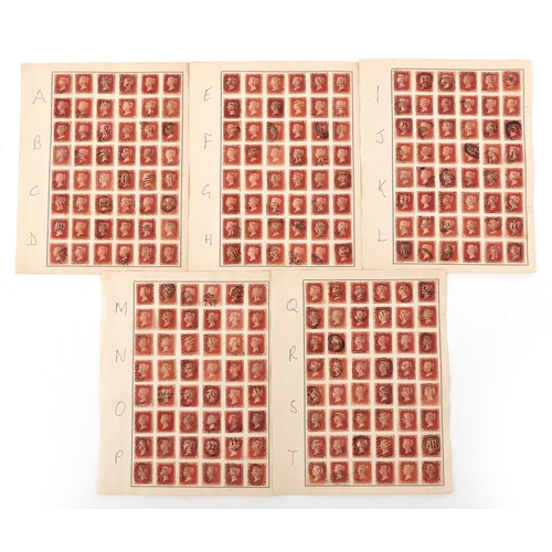 Five pages of Queen Victoria 1856/58 Penny Red stamps, stars in top corners, lower letters running in sequence AA-AL through to TA-TL, watermark large crown, all in good used condition.