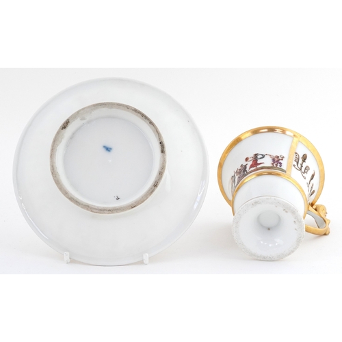 15 - 19th century French porcelain teacup and saucer having a figural handle, decorated with Neo-Classica... 