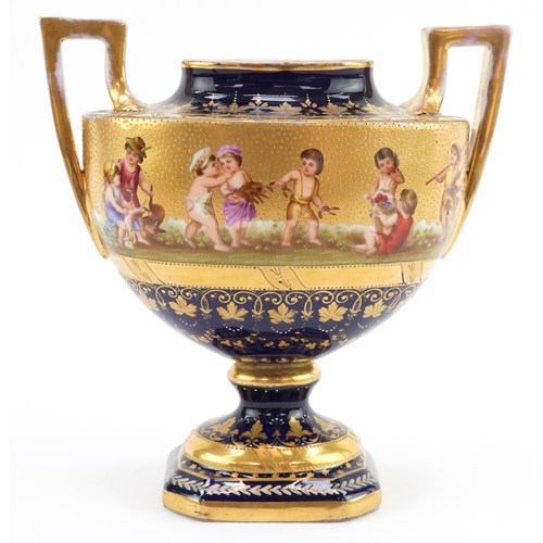 16 - 19th century Vienna style urn shaped vase hand painted onto a cobalt blue ground with a procession o... 
