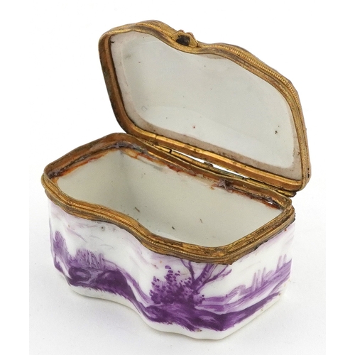 30 - Antique enamelled snuff box hand painted purple camaïeu with a courting couple before a rural landsc... 