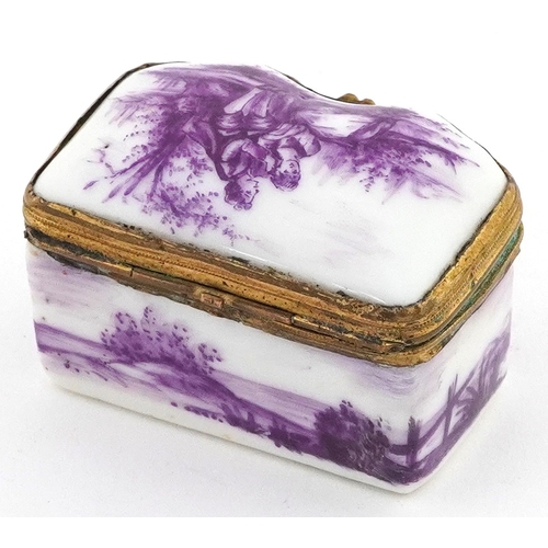 30 - Antique enamelled snuff box hand painted purple camaïeu with a courting couple before a rural landsc... 