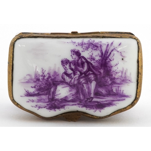 30 - Antique enamelled snuff box hand painted purple camaïeu with a courting couple before a rural landsc... 