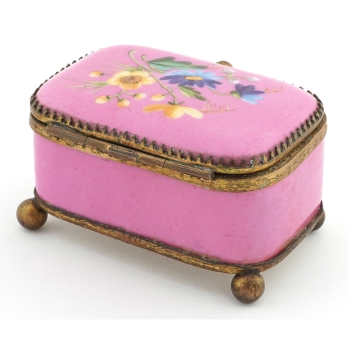 23 - 19th century enamelled jewellery casket with gilt bronze mounts, hand painted onto a rose ground wit... 