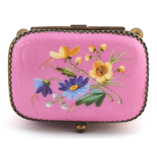 23 - 19th century enamelled jewellery casket with gilt bronze mounts, hand painted onto a rose ground wit... 