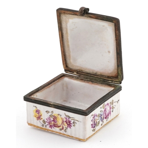 29 - French enamelled trinket box hand painted with a courting couple, marked Lille 1767 to the base, 5cm... 