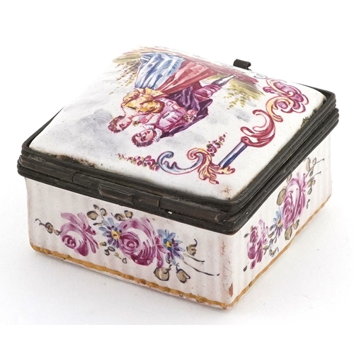 29 - French enamelled trinket box hand painted with a courting couple, marked Lille 1767 to the base, 5cm... 