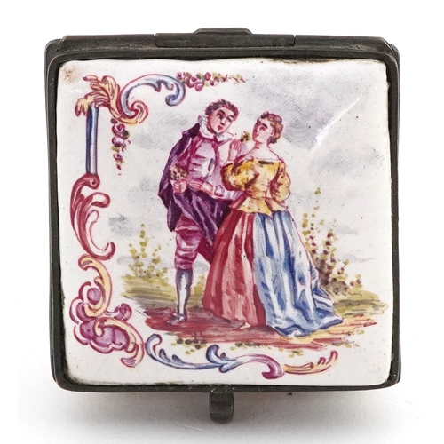 29 - French enamelled trinket box hand painted with a courting couple, marked Lille 1767 to the base, 5cm... 