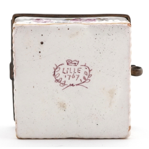 29 - French enamelled trinket box hand painted with a courting couple, marked Lille 1767 to the base, 5cm... 