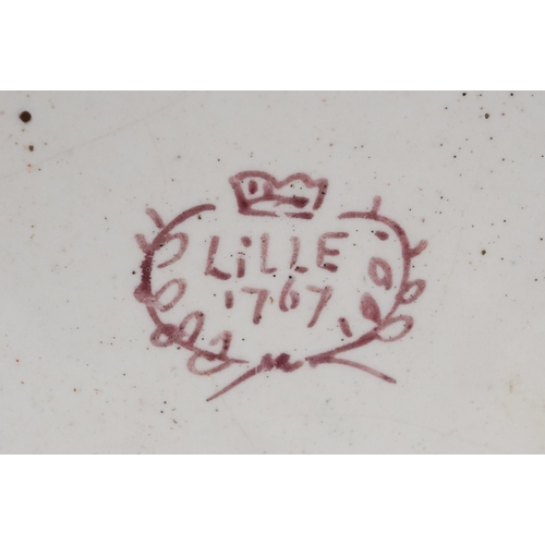 29 - French enamelled trinket box hand painted with a courting couple, marked Lille 1767 to the base, 5cm... 