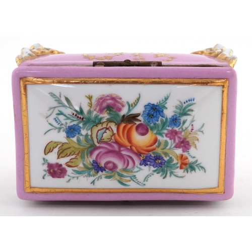 24 - Antique Meissen style porcelain jewellery casket hand painted onto a rose pink ground with gilded an... 