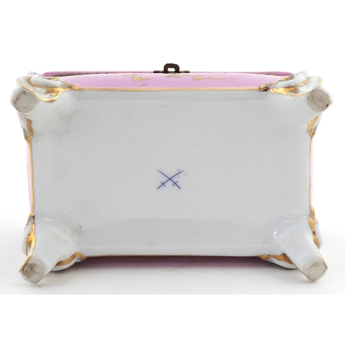 24 - Antique Meissen style porcelain jewellery casket hand painted onto a rose pink ground with gilded an... 