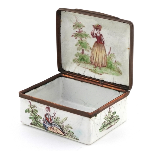 26 - Antique enamelled trinket box hand painted with figures in a rural landscape, 8cm wide.