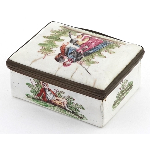 26 - Antique enamelled trinket box hand painted with figures in a rural landscape, 8cm wide.