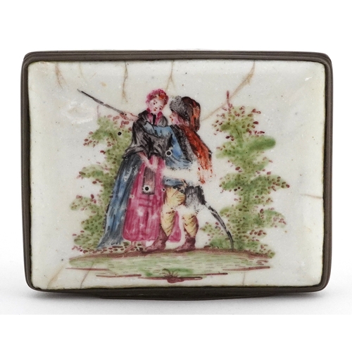 26 - Antique enamelled trinket box hand painted with figures in a rural landscape, 8cm wide.
