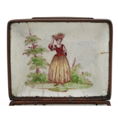 26 - Antique enamelled trinket box hand painted with figures in a rural landscape, 8cm wide.
