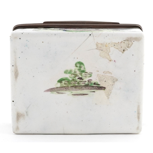 26 - Antique enamelled trinket box hand painted with figures in a rural landscape, 8cm wide.