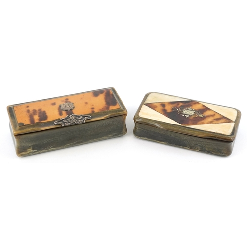 65 - Two antique horn and tortoiseshell snuff boxes with white metal inlay, the largest 10cm wide.