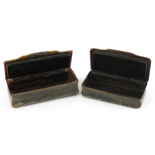65 - Two antique horn and tortoiseshell snuff boxes with white metal inlay, the largest 10cm wide.