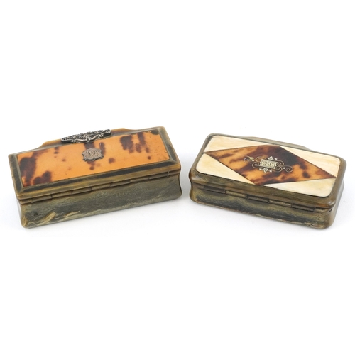 65 - Two antique horn and tortoiseshell snuff boxes with white metal inlay, the largest 10cm wide.