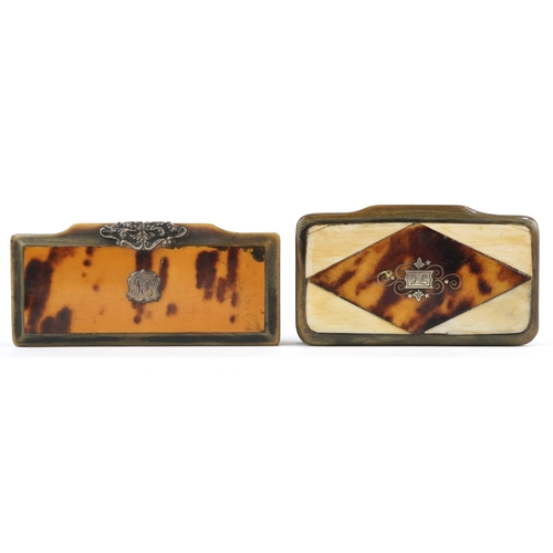 65 - Two antique horn and tortoiseshell snuff boxes with white metal inlay, the largest 10cm wide.