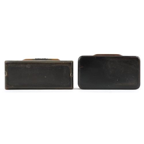 65 - Two antique horn and tortoiseshell snuff boxes with white metal inlay, the largest 10cm wide.