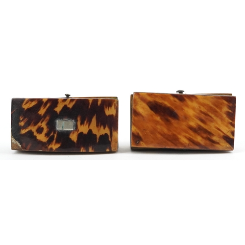 66 - Two antique tortoiseshell jewel boxes raised on bone feet, the largest 7cm wide.