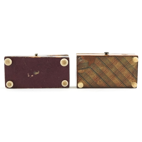 66 - Two antique tortoiseshell jewel boxes raised on bone feet, the largest 7cm wide.