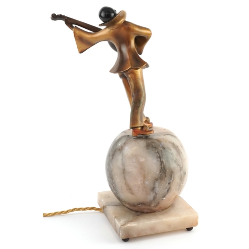 108A - Art Deco onyx table lamp mounted with a bronzed Pierrot playing a lute, 32cm high.