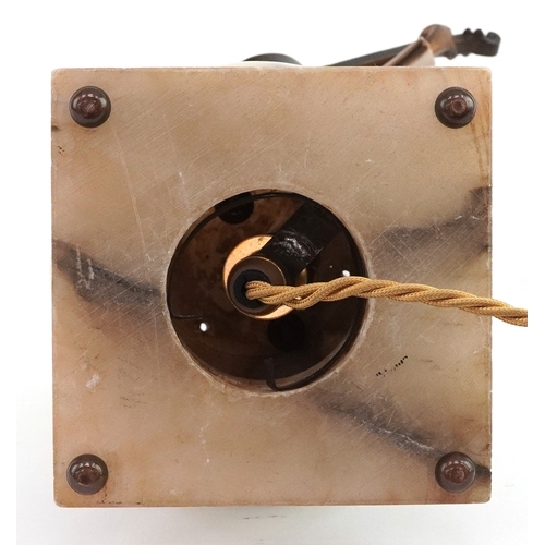 108A - Art Deco onyx table lamp mounted with a bronzed Pierrot playing a lute, 32cm high.
