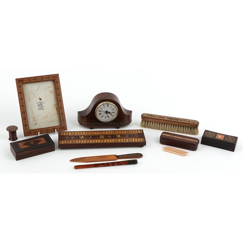 62 - Collection of Victorian Tunbridge Ware objects including stamp box, cribbage board, tape measure cas... 