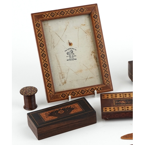 62 - Collection of Victorian Tunbridge Ware objects including stamp box, cribbage board, tape measure cas... 