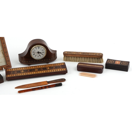 62 - Collection of Victorian Tunbridge Ware objects including stamp box, cribbage board, tape measure cas... 