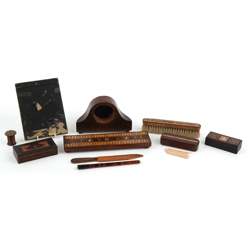 62 - Collection of Victorian Tunbridge Ware objects including stamp box, cribbage board, tape measure cas... 