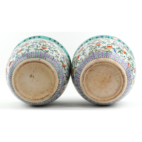 44 - Large near pair of Chinese export porcelain fish bowl planters hand painted with fruit on vines, 35c... 
