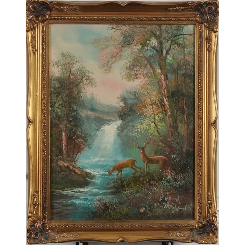 2127 - R Danford - Deer before a landscape, 20th century oil on canvas, signed, framed, 39cm x 29cm.